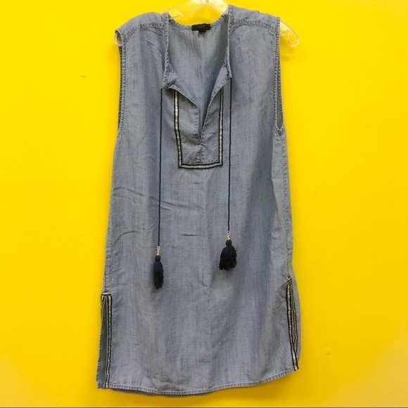 J Crew Blue Chambray Tassel tunic Top Metallic Ribbon medium - Picture 1 of 7